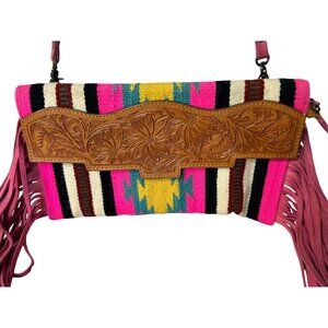 American Darling Pink Woven Fringe Crossbody Handbag Tooled Leather Southwestern